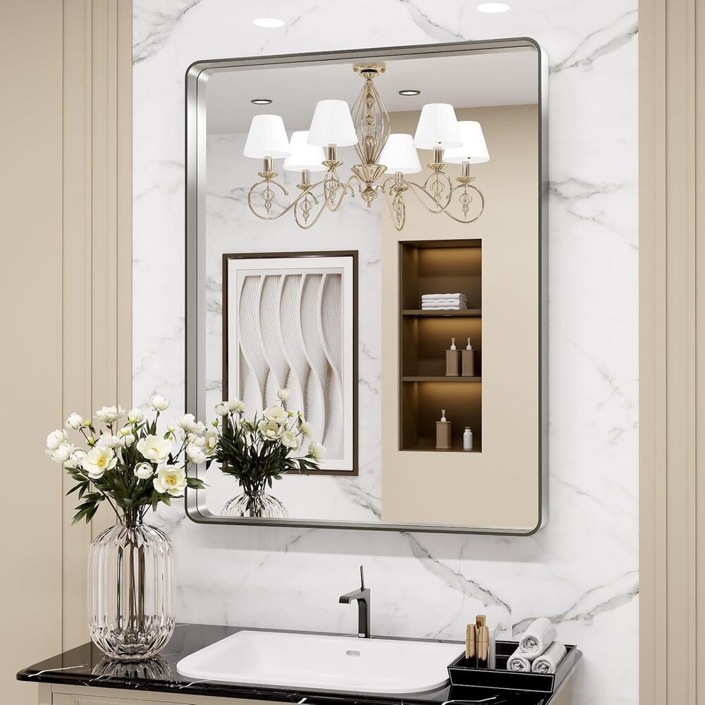LOAAO 24X32 Inch Brushed Nickel Bathroom Mirror, Rounded Rectangle Silver Metal
